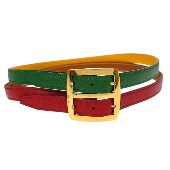 Hermes Reversible Belt Red Green Yellow Courchevel #70 Small Good ◯U MS 144607 - Picture 1 of 12